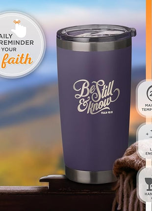 Christian Art Gifts Stainless Steel Double Wall Vacuum Insulated Tumbler 18 oz Purple Bible Verse Travel Mug with Retractable Lid for Women with Bible Verse - Be Still & Know - Psalm 46:10