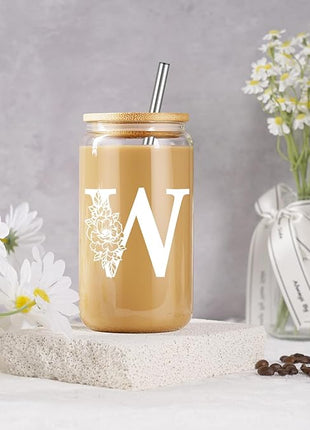 Coolife Initial Glass Cup, Monogrammed Gifts for Women, 16 oz Glass Cups w/Lids Straws, Iced Coffee Smoothie Beer Tumbler w/Straw Lid - Personalized Christmas, Birthday Gifts for Her Mom Friend Woman