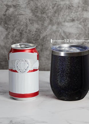 MEWAY 12oz/8 Pack Wine Tumbler Glasses with Lid - Stemless Double Wall Vacuum Stainless Steel Glitter Tumbler - Keeping Cold & Hot Cup for Coffee,Gift for Women(Rainbow Black,Set of 8)