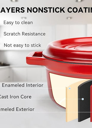 Miereirl 6.5 Quart Enameled Dutch Oven Pot with Lid, Cast Iron Dutch Oven with Dual Handles for Bread Baking, Cooking, Non-stick Enamel Coated Cookware (Red)