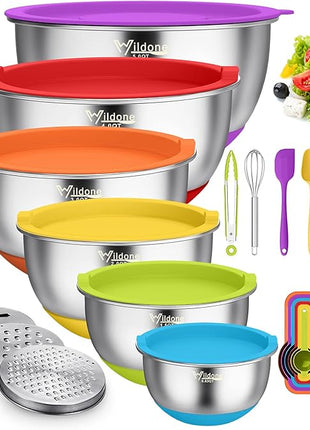 Wildone Mixing Bowls with Airtight Lids, 22 PCS Stainless Steel Mixing Bowls Set, 3 Grater Attachments, Measurement Marks & Non-Slip Bottom, Size 5, 4, 3, 2,1.5, 0.63QT, Ideal for Mixing & Prepping