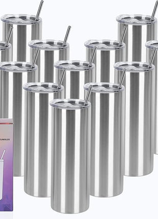 12 Pack 20 Oz Straight Skinny Tumblers,Individually Gift Boxed Stainless Steel Slim Skinny Tumbler Set Bulk, 20 Oz Insulated Slim Thin Travel Tumbler Cup for Diy, Silver