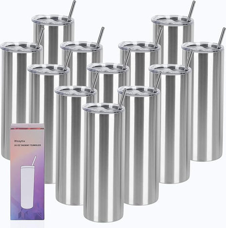 12 Pack 20 Oz Straight Skinny Tumblers,Individually Gift Boxed Stainless Steel Slim Skinny Tumbler Set Bulk, 20 Oz Insulated Slim Thin Travel Tumbler Cup for Diy, Silver