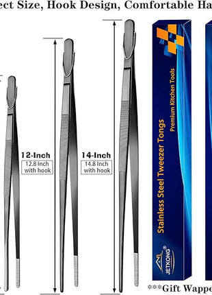 JETKONG Extra Long Kitchen Tweezers Heavy Duty Stainless Steel Cooking Tweezers, Set of 3 (9 12 14 Inch, Black)