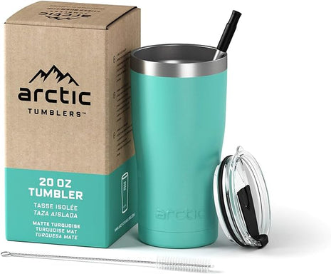Arctic Tumblers | 20 oz Matte Turquoise Insulated Tumbler with Straw & Cleaner - Retains Temperature up to 24hrs - Non-Spill Splash Proof Lid, Double Wall Vacuum Technology, BPA Free & Built to Last
