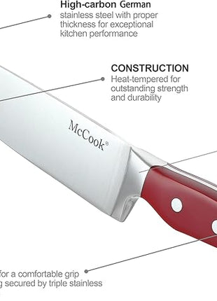 McCook® Stainless Steel Kitchen Knife Sets with Wooden Block, Kitchen Scissors and Built-in Sharpener, Red