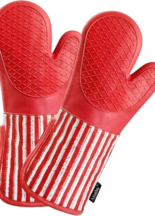 Silicone Oven Mitts Heat Resistant 932℉ with Waterproof & Non-Slip Kitchen Mittens, Set of 2 Extra Long Oven Gloves with Soft Cotton Terry Lining for Baking Cooking Barbecue (2, Red Mitts)