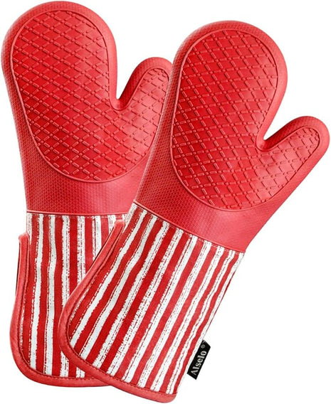 Silicone Oven Mitts Heat Resistant 932℉ with Waterproof & Non-Slip Kitchen Mittens, Set of 2 Extra Long Oven Gloves with Soft Cotton Terry Lining for Baking Cooking Barbecue (2, Red Mitts)