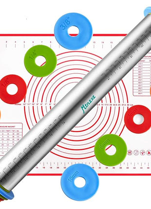Rolling Pin and Silicone Baking Pastry Mat Set, Stainless Steel Dough Roller, Rolling Pins with Adjustable Thickness Rings, for Baking Fondant, Pizza, Pie, Pastries, Pasta, Cookies