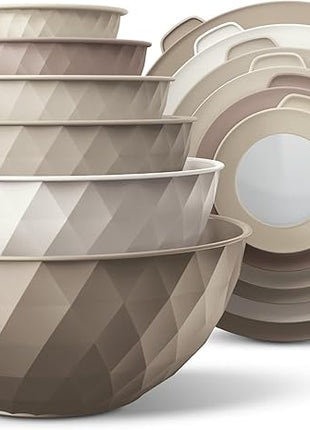 COOK WITH COLOR Mixing Bowls with Lids - 12 Piece Plastic Nesting Bowls Set includes 6 Prep Bowls and 6 Lids, Diamond Design - Microwave Safe, Brown