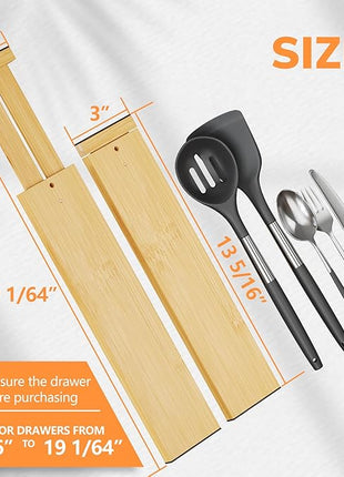 BAMEOS 4 pcs 3" High Bamboo Drawer Dividers Adjustable Drawer Organizer Expandable Drawer Organization Utensil Organizers for Kitchen Dresser Bathroom Bedroom and Office