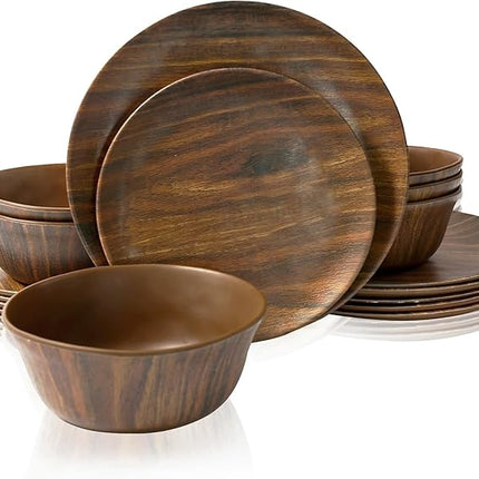 TP 18-Piece Dinnerware Set, Melamine Dishes Set with Bowls and Plates, Service for 6, Non-breakable Lightweight Dining Tableware, Rosewood Grain