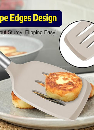 HOTEC Silicone Spatula Set of 2 Heat-Resistant 600°F & BPA-Free Kitchen SaptulaTurner with Stainless Steel Handles, Slotted & Solid Spatulas for Nonstick Cookware, 13.7 Inch, Khaki