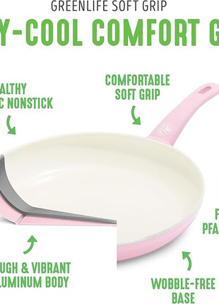 GreenLife Soft Grip Healthy Ceramic Nonstick, 12" Frying Pan Skillet with Lid, PFAS-Free, Dishwasher Safe, Pink