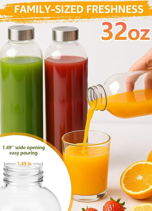 Zukro Glass Water Bottles with Lids 32 oz, 3 Pack Reusable Large Juice Bottles With Stainless Steel Airtight Cap for Juicing, Leak Proof Clear Drinking Jar Beverage storage container, BPA Free