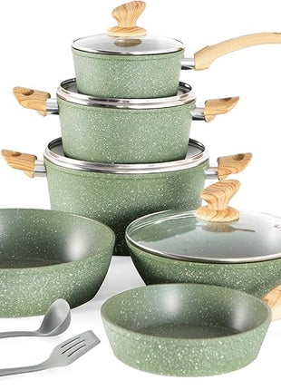 Kitchen Academy Non Toxic Pots and Pans Set Non Stick - 12 Piece Induction Cookware Sets, Green Granite Nonstick Cooking Pot and Pan Set, PFOA&PFOS Free