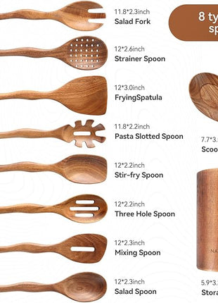 Wooden Spoons for Cooking with Holder,10Pcs Wooden Kitchen Utensil Set Non stick, Non Scratch Natural Teak Wooden Utensils for Cooking