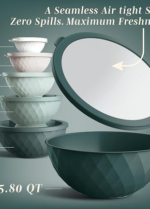 COOK WITH COLOR Mixing Bowls with Lids - 12 Piece Plastic Nesting Bowls Set includes 6 Prep Bowls and 6 Lids, Diamond Design - Microwave Safe, Green