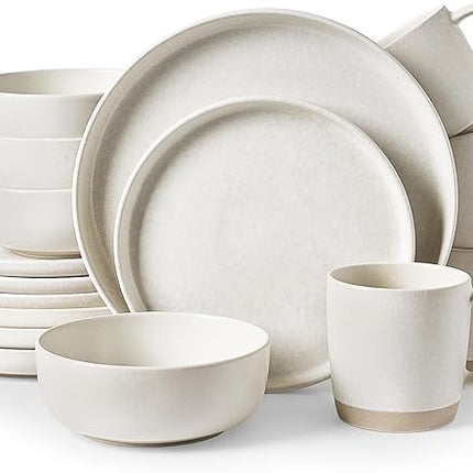 Famiware Milkyway Stoneware Dinnerware Sets with Mugs, Service for 4 (16 Pieces), Reactive Glaze Plates and Bowls Sets, Microwave and Dishwasher Safe Dishes Set, Matte Beige White