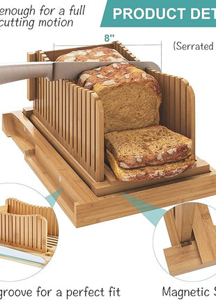Bamboo Bread Slicer with Serrated Knife, Adjustable Guide for 3 Thickness Sizes, Foldable Chopping Board with Crumb Tray, Great for Homemade Bread, Cakes, Bagels