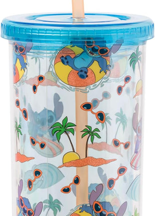Silver Buffalo Disney Lilo and Stitch Beach Island Stitch in Floatie Swim Ring Plastic Glitter Cold Cup with Lid and Straw, 20 Ounces (Pack of 12)