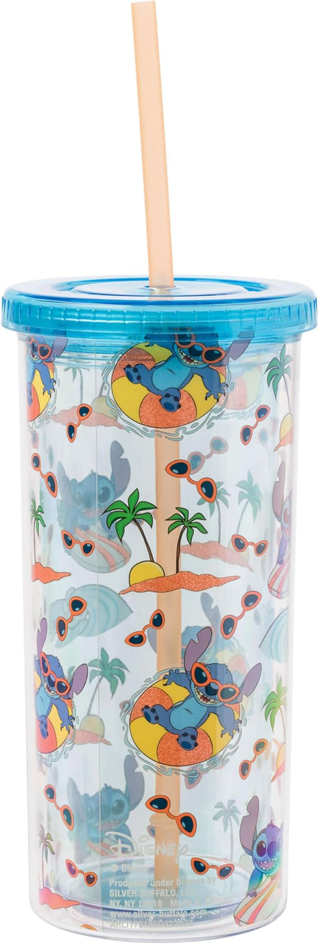 Silver Buffalo Disney Lilo and Stitch Beach Island Stitch in Floatie Swim Ring Plastic Glitter Cold Cup with Lid and Straw, 20 Ounces