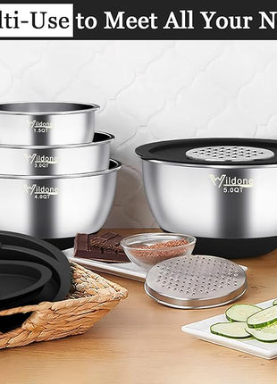 Wildone Mixing Bowls with Airtight Lids, 22 PCS Stainless Steel Nesting Bowls, with 3 Grater Attachments, Scale Marks & Non-Slip Bottom, Size 5, 4, 3, 2,1.5, 0.63QT, Ideal for Mixing & Prepping