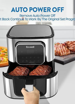 ECOWELL Air Fryer,Compact Large 6 Quart,Stainless Steel Air Fryer, 8 Food Presets,Touch Screen,BPA-Free, Up to 95% Less Oil*, Roast,Bake, Dry, Reheat,Broil, 120V,Dishwasher-Safe 1700W, Black, TXS5T2
