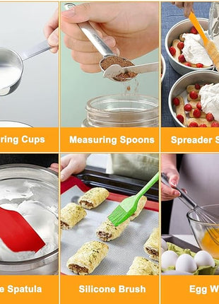 Mixing Bowls with Lid Set, 27PCS Kitchen Utensils Metal Bowl Stainless Steel Nesting Bowls, Measuring Cups and Spoons, Egg Whisk for Baking