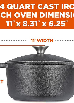 COMMERCIAL CHEF 3.4 Quart Cast Iron Dutch Oven with Dome Lid and Handles