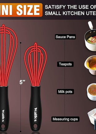 Walfos Mini Whisk Red Small whisk-Non Scatch Rubber Coated Whisk,small silicone whisk 5 & 7 inch Tiny Whisk,Nice for mixing and stirring small batches of powder and sauce in small bowl containers.2pcs