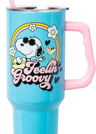 Silver Buffalo Peanuts Featuring Snoopy and Woodstock Feelin' Groovy Stainless Steel Tumbler with Handle and Straw, Fits in Standard Cup Holder, 40 Ounces