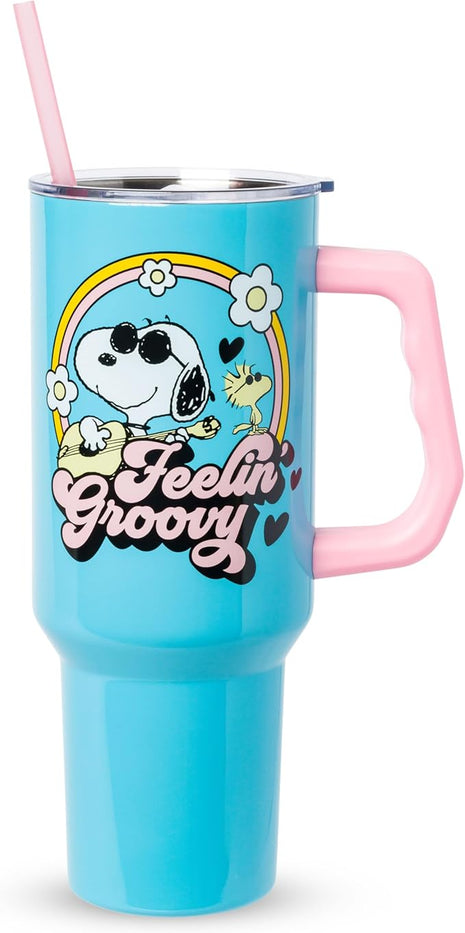 Silver Buffalo Peanuts Featuring Snoopy and Woodstock Feelin' Groovy Stainless Steel Tumbler with Handle and Straw, Fits in Standard Cup Holder, 40 Ounces