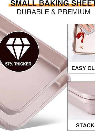HONGBAKE Toaster Oven Pan Nonstick Set of 2, Premium 1/8 Sheet Pan for Baking, Small Cookie Sheet Tray, Dishwasher Safe and Heavy Duty - Rose Gold