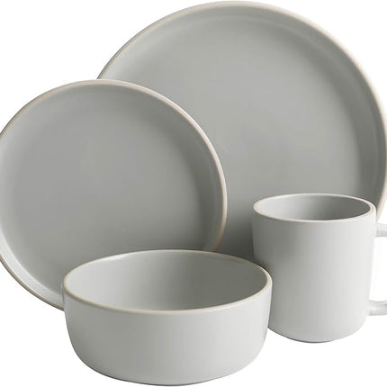 Gibson Home Zuma 16 Piece Round Kitchen Dinnerware Set, Dishes, Plates, Bowls, Mugs, Service for 4, Matte Stoneware, Light Grey