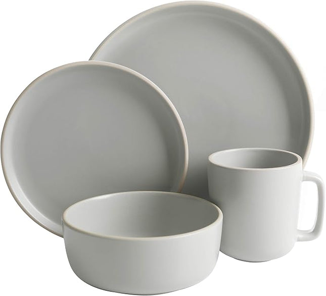Gibson Home Zuma 16 Piece Round Kitchen Dinnerware Set, Dishes, Plates, Bowls, Mugs, Service for 4, Matte Stoneware, Light Grey