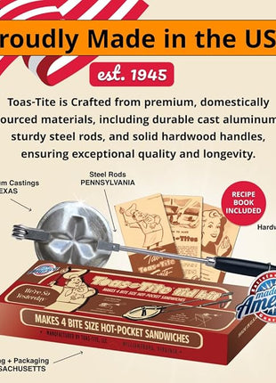 Handheld Sandwich Maker (Tid Bit), Portable Sandwich Grill & Panini Press, Cast Aluminum Pie Iron, 1945 Retro Stovetop & Campfire Toaster for Hot Sandwiches, Pies, Paninis, RV & Camping