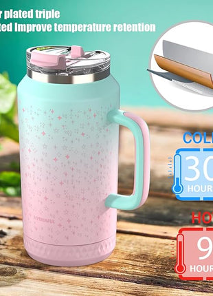 Hydraful 64 oz Tumbler with Handle and Straw - 100% Leak-Proof - Insulated Cup Reusable Stainless Steel Large Water Bottle Travel Mug for Gym, Hiking, and Camping - Gifts for Women Men Him Her