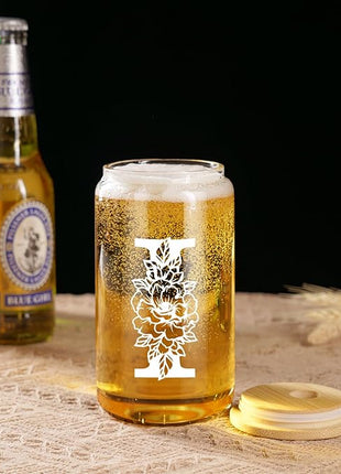 Coolife Initial Glass Cup, Monogrammed Gifts for Women, 16 oz Glass Cups w/Lids Straws, Iced Coffee Smoothie Beer Tumbler w/Straw Lid - Personalized Christmas, Birthday Gifts for Her Mom Friend Woman