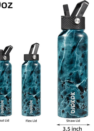 BJPKPK Insulated Water Bottles with Straw Lid, 40oz Stainless Steel Water Bottles with 3 Lids, BPA Free Leakproof Thermo, Tumblers, Cups for Sports, Gym- Ocean