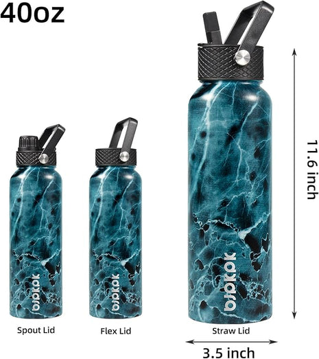 BJPKPK Insulated Water Bottles with Straw Lid, 40oz Stainless Steel Water Bottles with 3 Lids, BPA Free Leakproof Thermo, Tumblers, Cups for Sports, Gym- Ocean