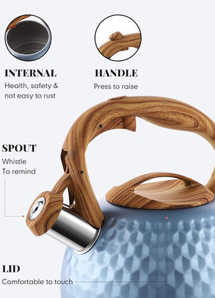 BELANKO 2.7 Quart Tea Kettle for Stovetop - Food Grade Stainless Steel with Diamond Texture, Designer Teapot Look, Cool-Touch Wood Pattern Handle, Whistling Spout - Glacier Blue