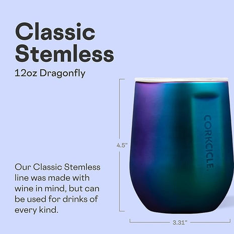 Corkcicle Stemless Wine Tumbler - Keeps Drinks Cold for 6 Hours - Triple-Insulated Stainless Steel - Non-Slip Base - Summer Drinkware Gift - Keeps Drinks Ice Cold - 12 oz - Dragonfly