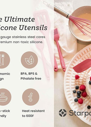 Starpack 'Flip & Whip' Premium Silicone Baking Utensils Set (5 Pcs) - Cooking Utensils with Heat Resistant to 600°F - Large & Small Spatulas, Whisk & Basting - Brush Baking Tool Set