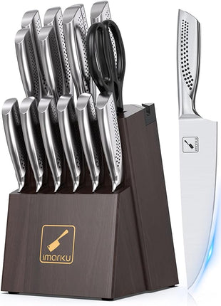 imarku® Knife Set, 15-Pieces HC Stainless Steel Kitchen Knife Set With Built in Knife Sharpener, Razor-Sharp Blade Knife Block Set With Non-Slip Handle, Dishwasher Safe, Best Birthday Gifts