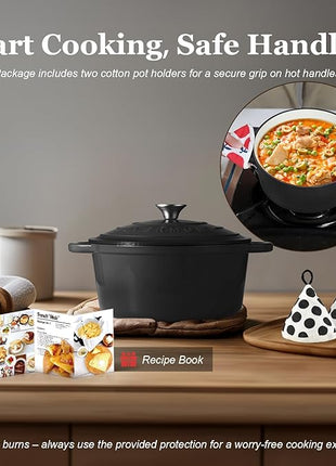 Overmont Enameled Cast Iron Dutch Oven - 5.5QT Pot with Lid Cookbook & Cotton Potholders - Heavy-Duty Cookware for Braising, Stews, Roasting, Bread Baking Graphite Gray