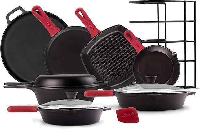 Cast Iron Cookware Set - 17-Piece Pre-Seasoned Kit - 8" Skillet + 10"+12" Skillets with Glass Lid + Grill Pan + Multi-Cooker/Dutch Oven + Flat Griddle + Pizza Pan + Pan Rack Organizer - Indoor/Outdoor