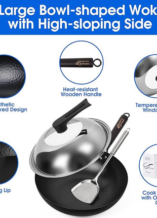 12.5 Inch Carbon Steel Wok For Electric, Induction and Gas Stoves (Lid, Spatula and User Guide Video Included)