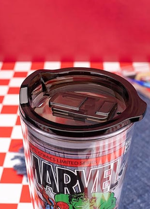 Silver Buffalo Marvel Avengers Featuring Spider-Man, Captain America, Thor, Hulk, and Iron Man Double Wall Travel Tumbler with Slide Close Lid, 20 Ounces