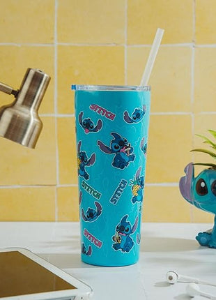 Silver Buffalo Disney Lilo and Stitch Double Walled Stainless Steel Tumbler with Straw Featuring Stitch, 22 Ounces